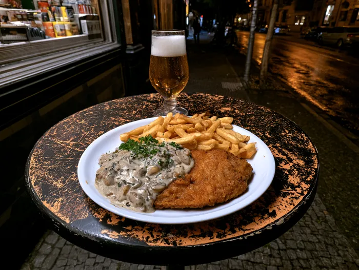 Schnitzel mit Champignonrahm und ein Pils
