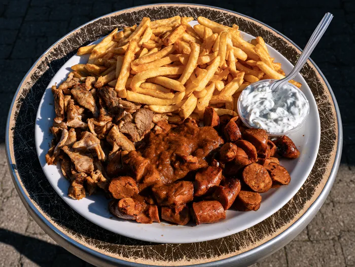Taxiteller mit Pommes, Gyros und Currywurst