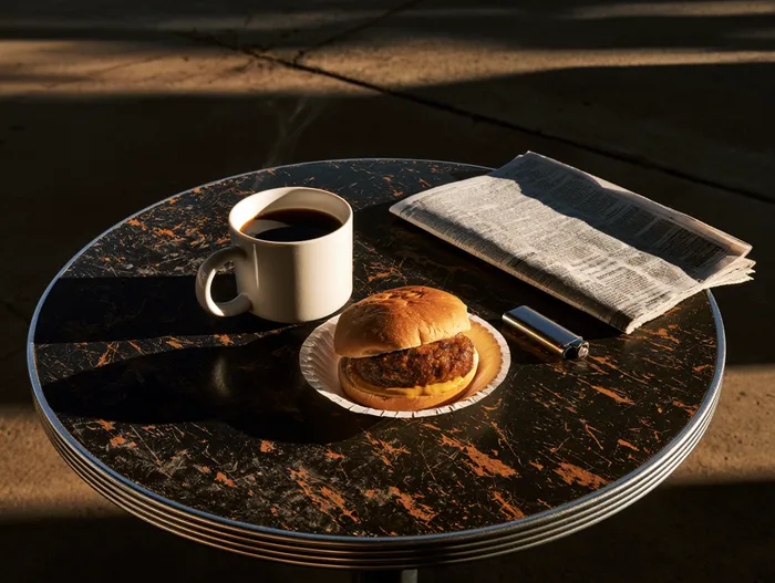 Kaffee und eine Frikadelle im Brötchen am Stehtisch